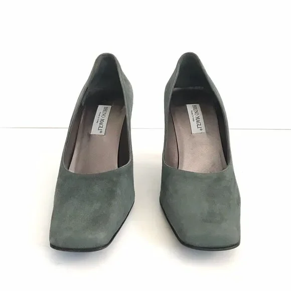 Bruno Magli Women’s Square Toes Suede Pumps Heels Dark Olive Green - Picture 9 of 12